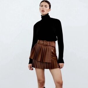 Zara Chocolate Brown Pleated Mini Skirt XS Belted Preppy Academia
